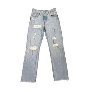 Levi's 501 Denim Button Fly Distressed Straight Leg Blue Jeans Size Women's 24